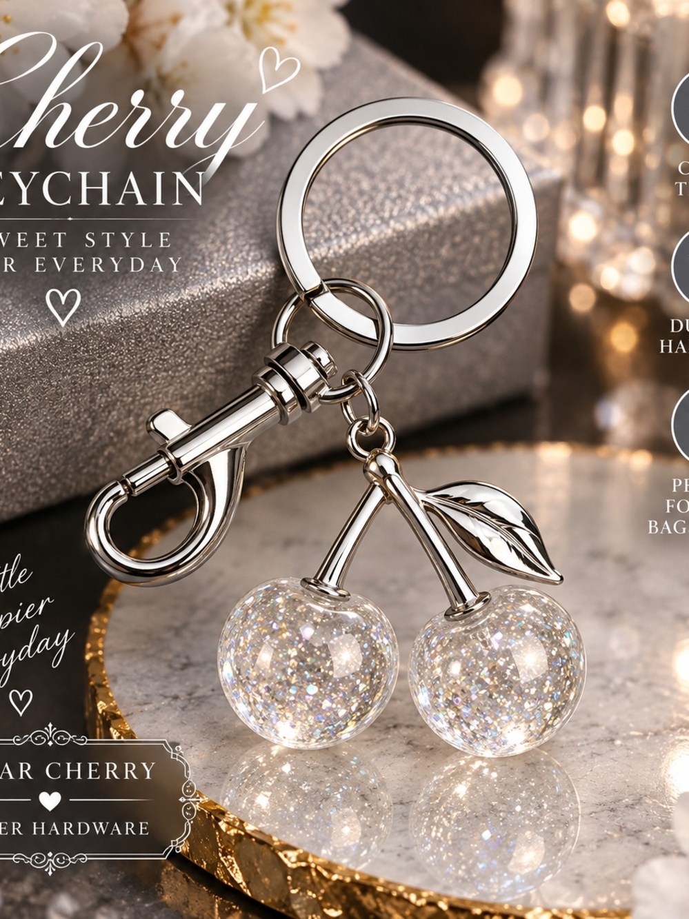 Silver Cherry Keychain with Sparkle Charms